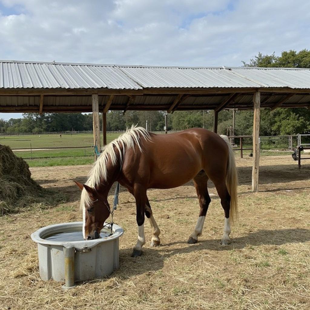 Horse enjoying fresh water, quality hay, and a clean, sheltered environment