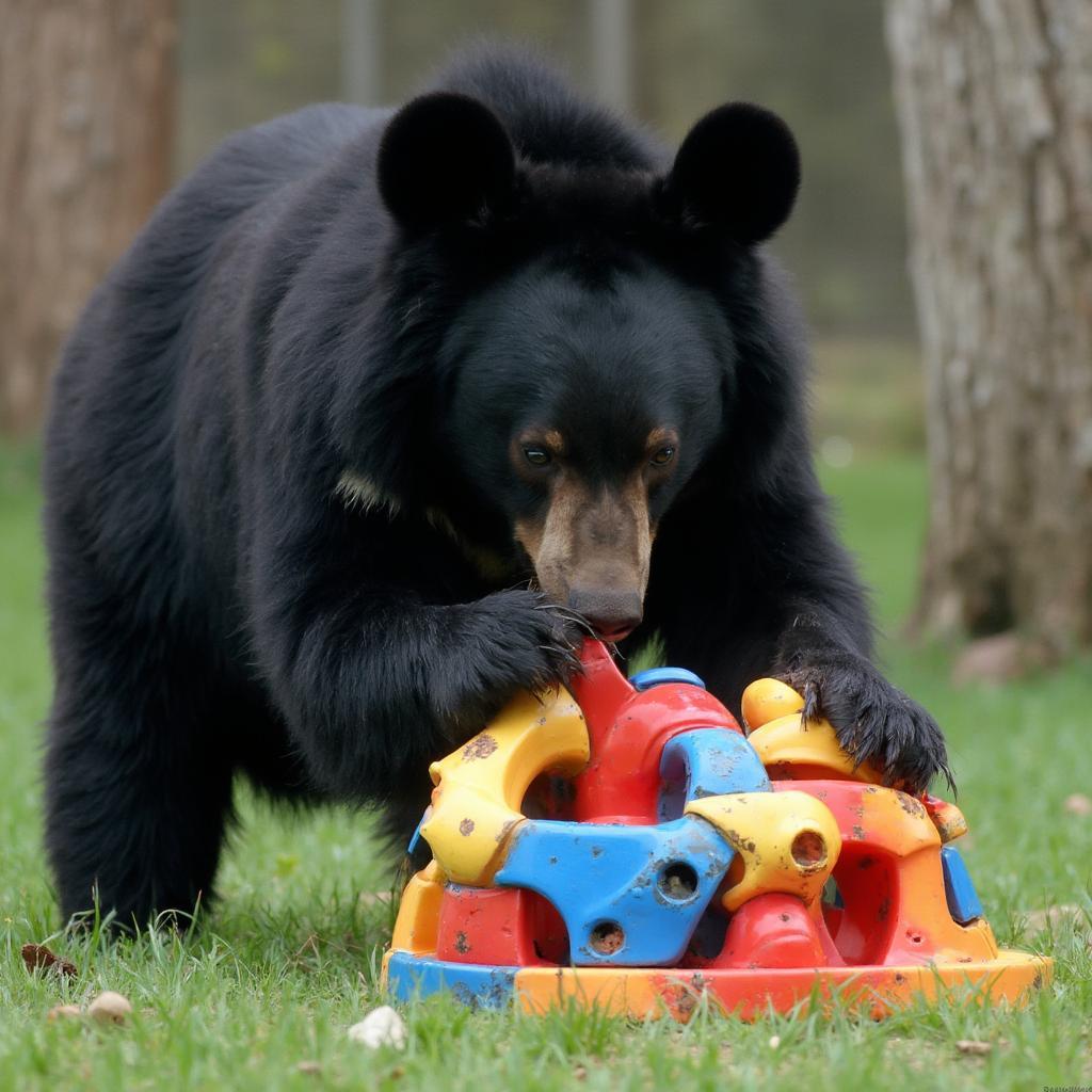 Bear interacting with an enrichment toy