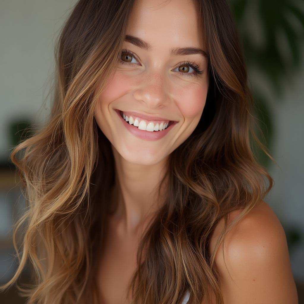 Woman with beautiful, shiny hair smiling, showcasing the results of effective hair care.