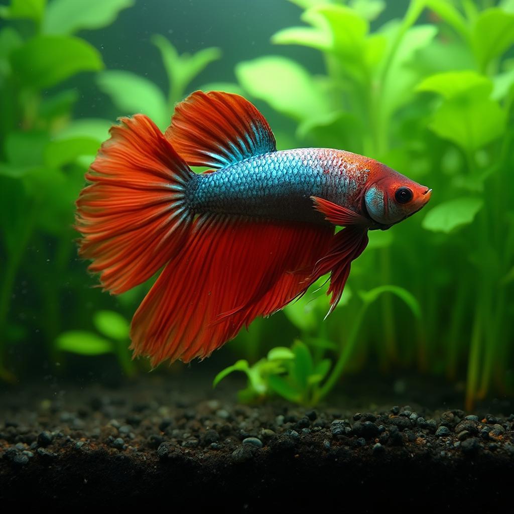 Betta fish swimming in a well-planted tank