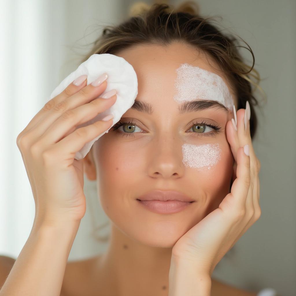 Woman using blotting paper on her forehead to check for oil