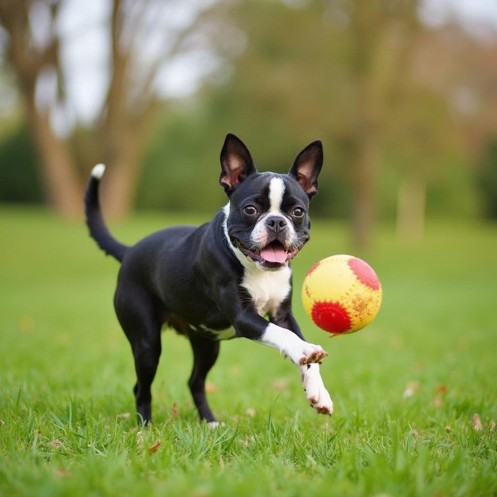 Boston Terrier Playing Fetch in a Park