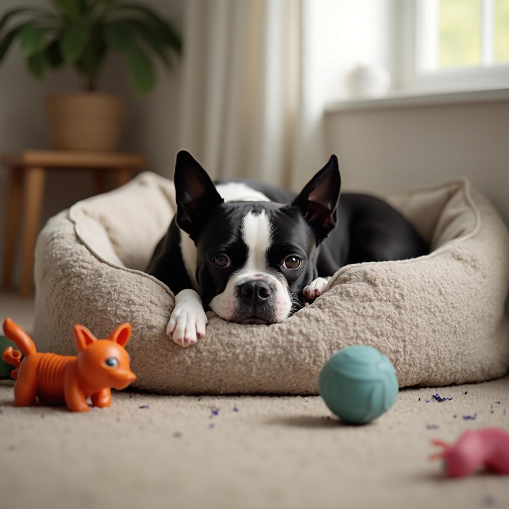 Boston Terrier Resting in a Cozy Bed