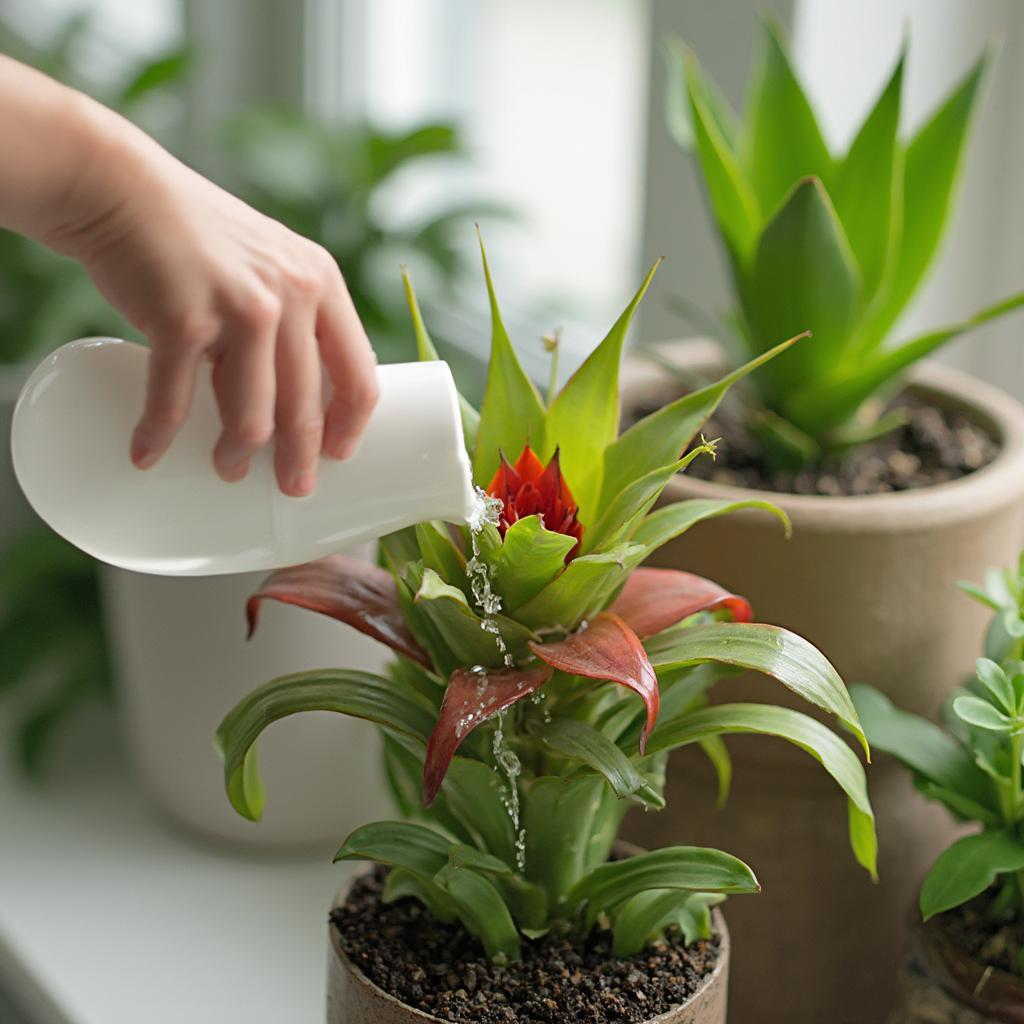 Watering a bromeliad's central cup