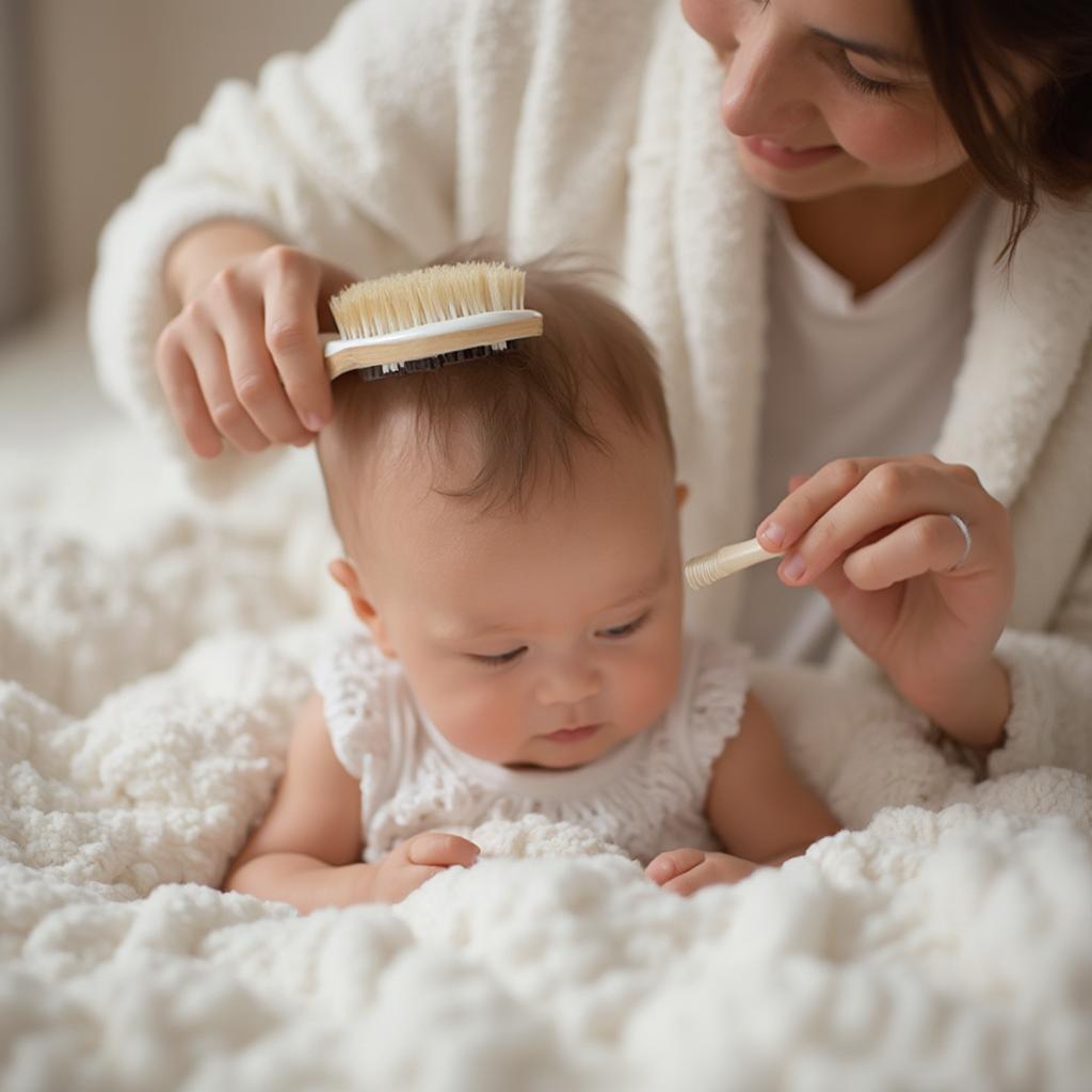 Brushing baby's hair with a soft-bristled brush