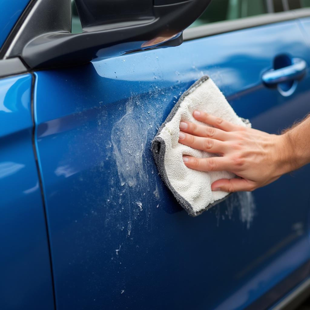 Buffing car wax with a microfiber towel on a blue car