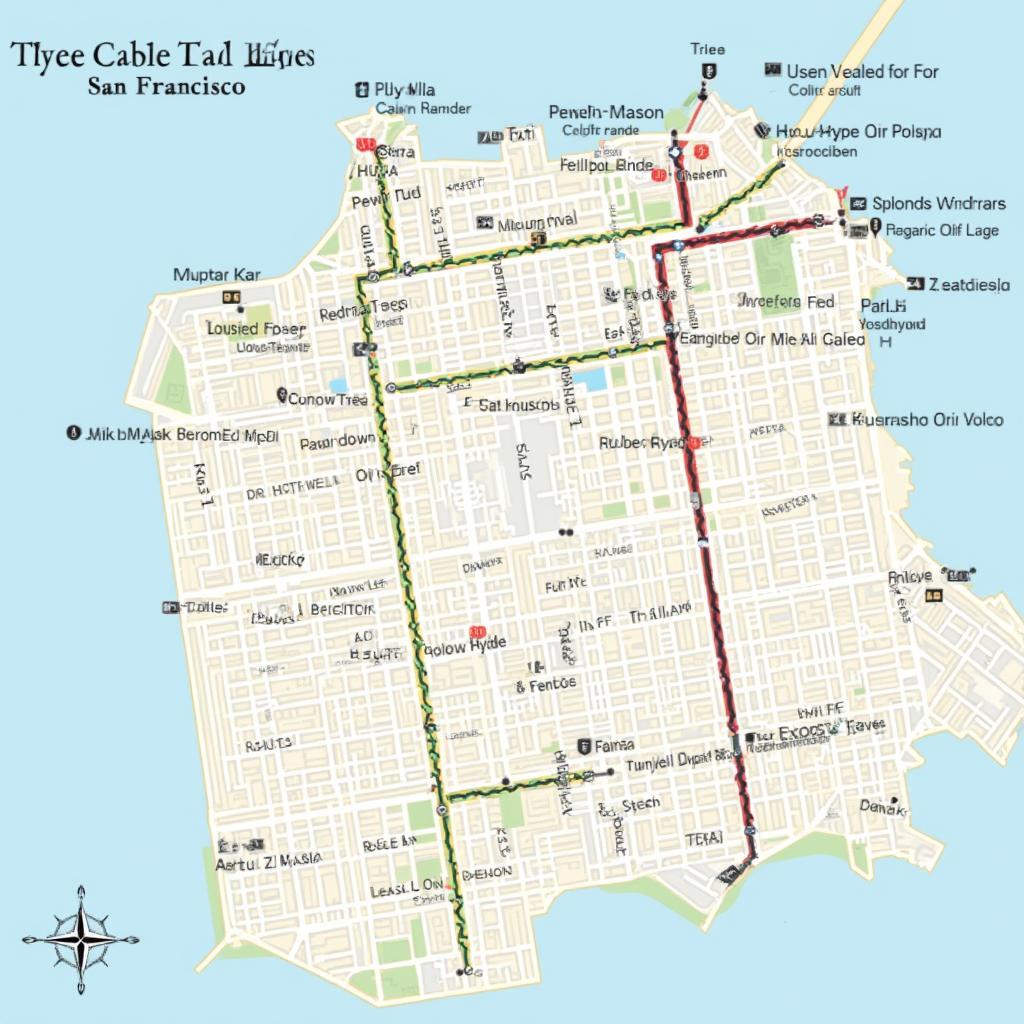 San Francisco Cable Car Lines Map Showing Powell-Hyde, Powell-Mason and California Lines