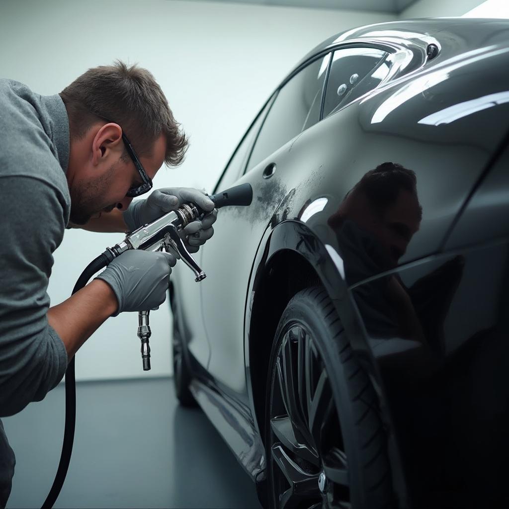 Spraying black paint on a car