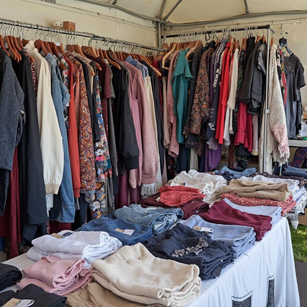 Clothes neatly displayed at a car boot sale.