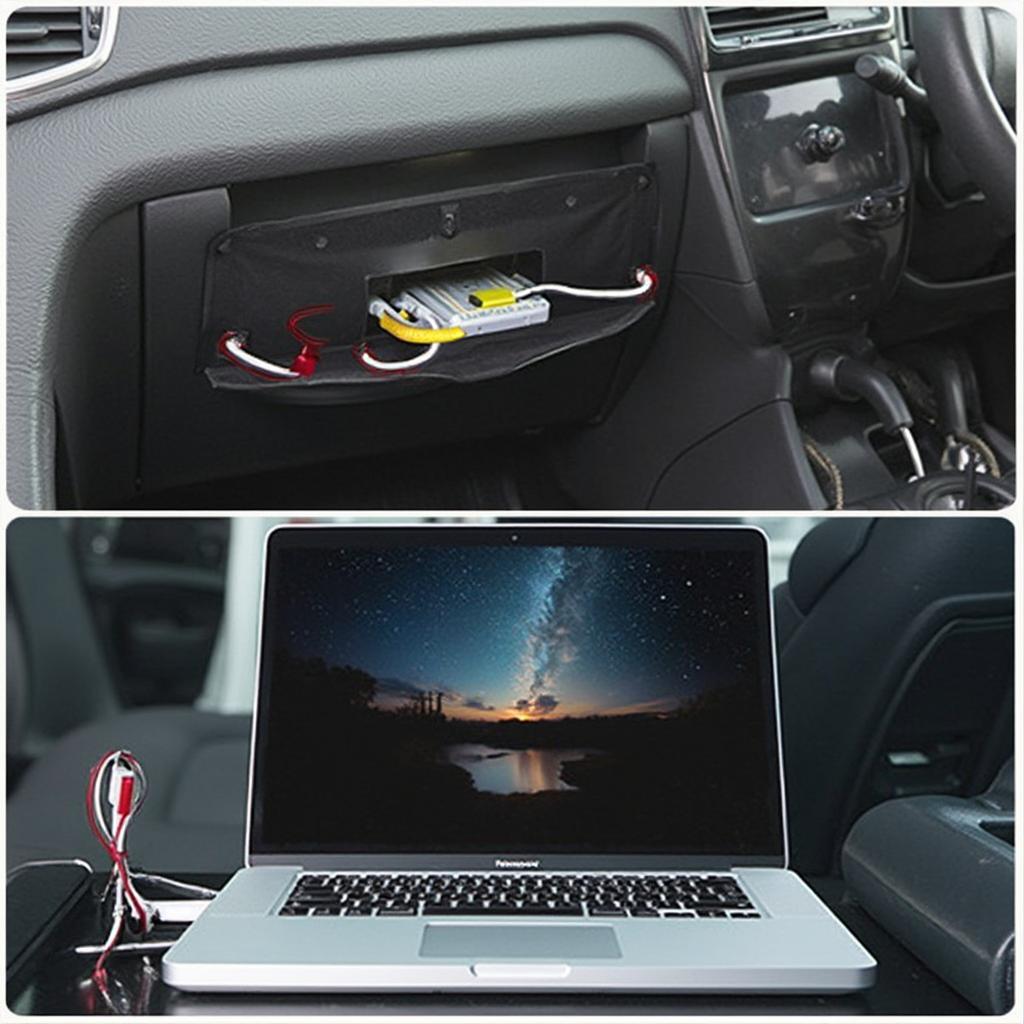 Organized cables in a car for charging a Macbook Pro.