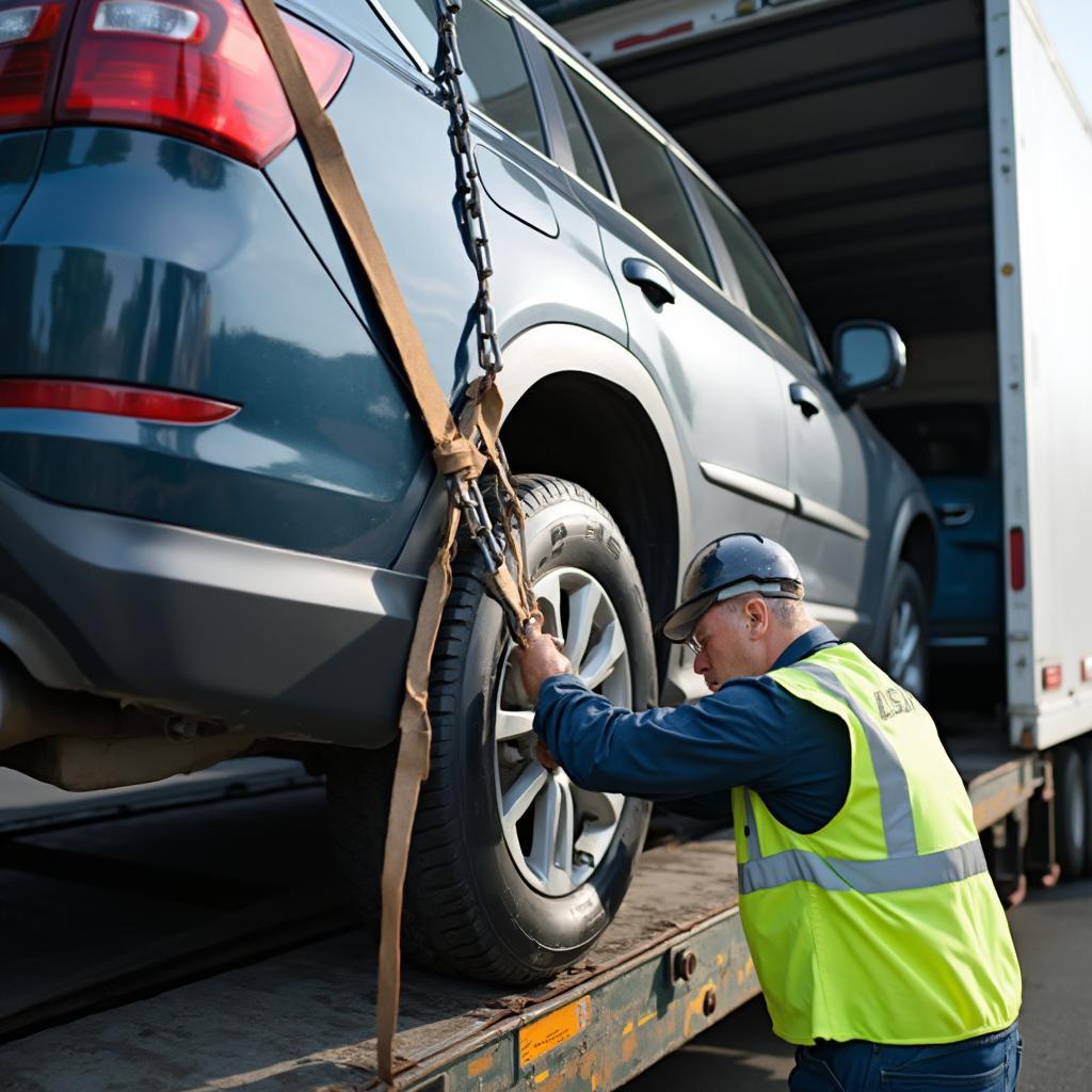 Car Carrier Driver Securing Vehicle for Transport