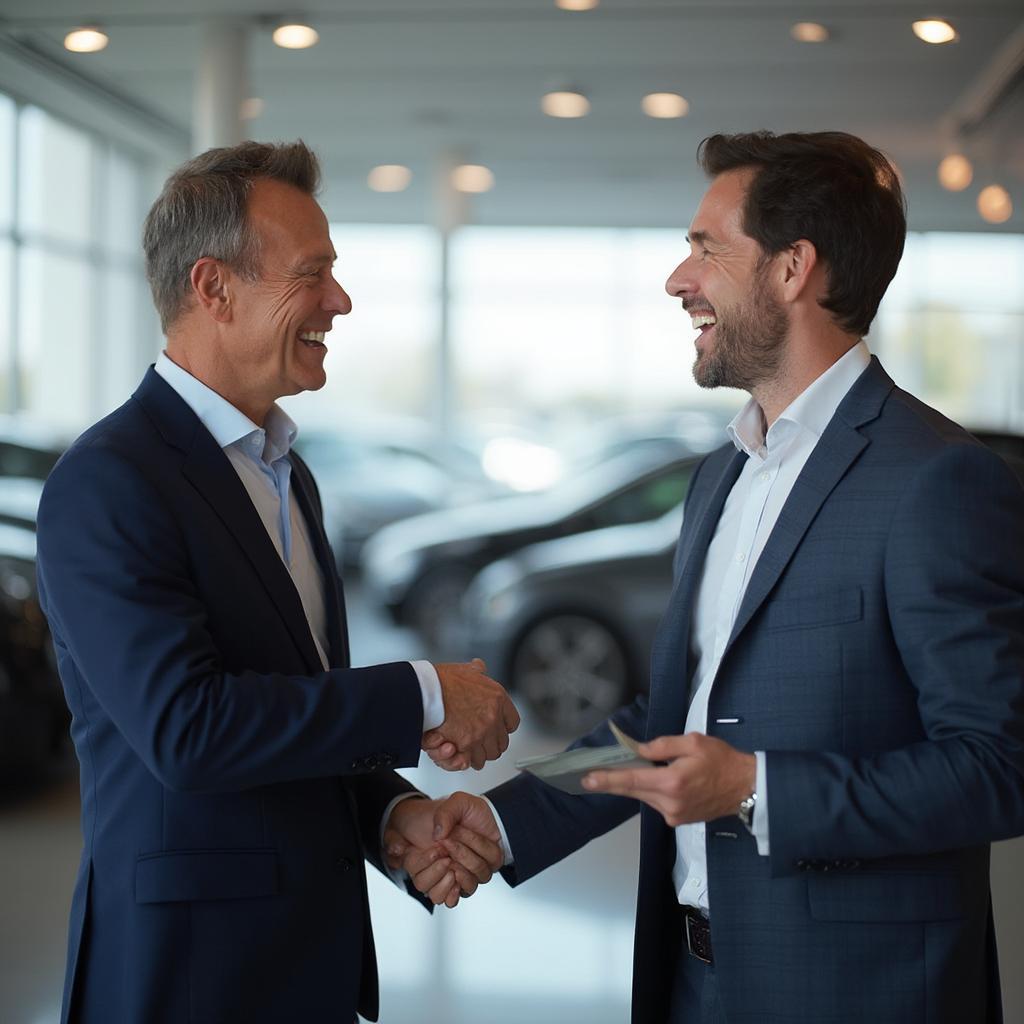 Car Dealer and Customer Shaking Hands After Agreeing on a Price