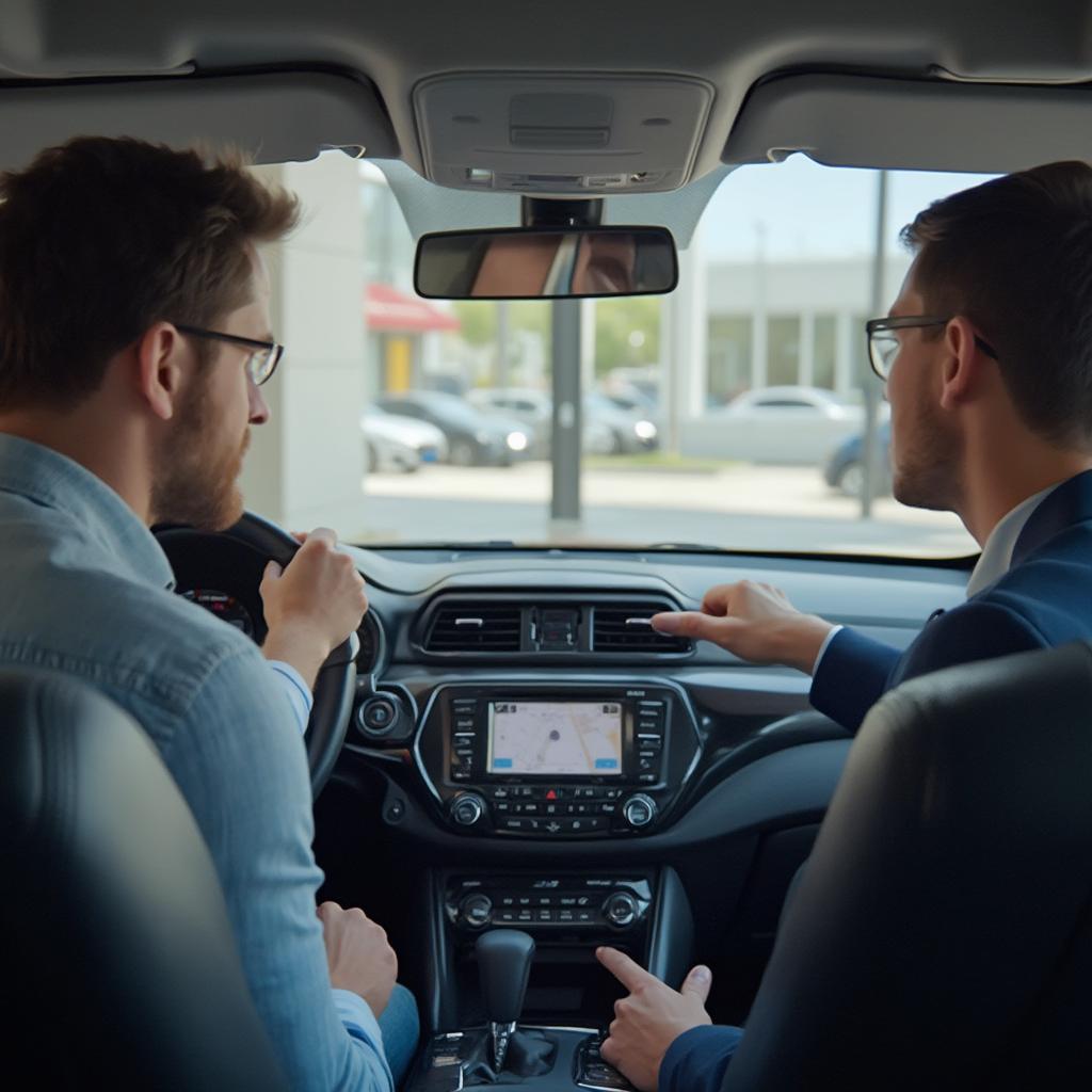 Car dealer explaining the features of a new vehicle to a potential customer