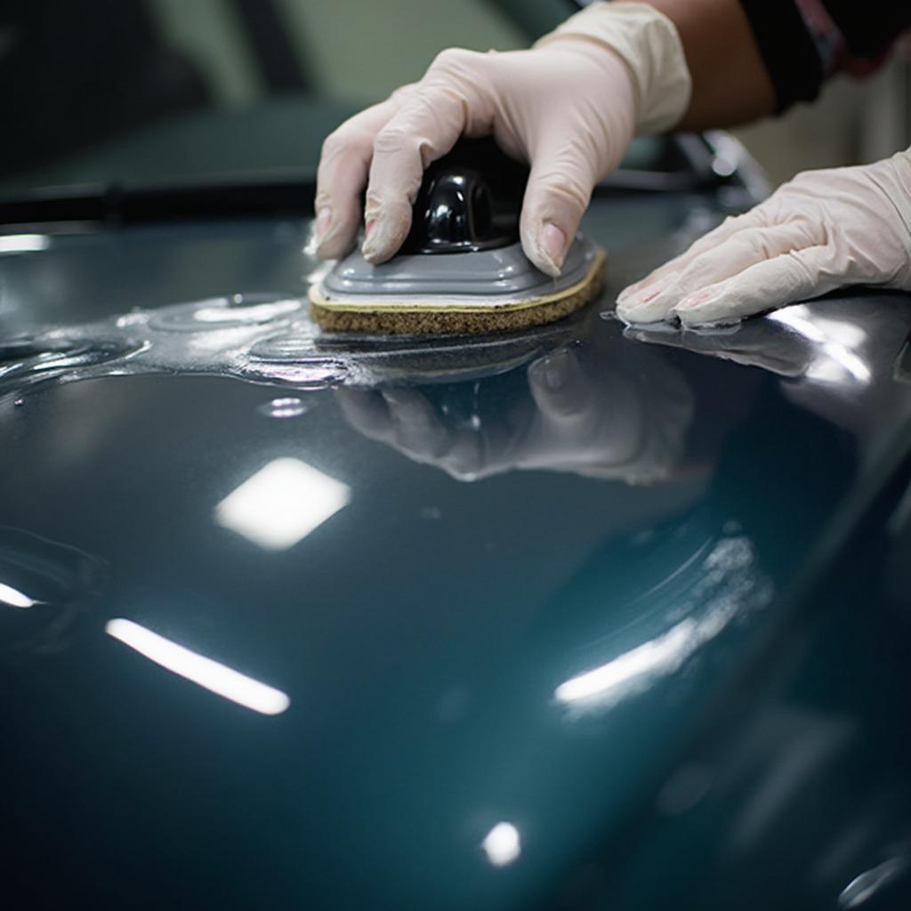 Car detailer applying wax to a vehicle