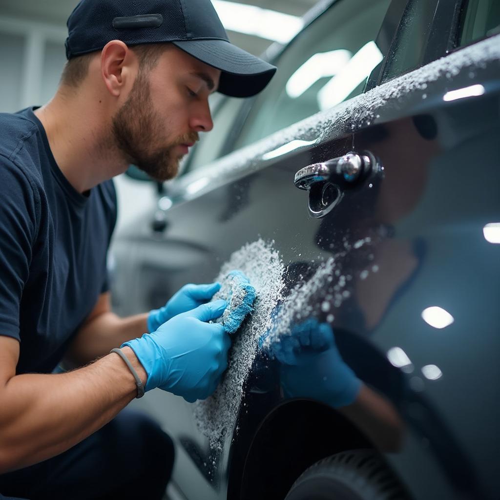 Car detailer meticulously working on the vehicle exterior