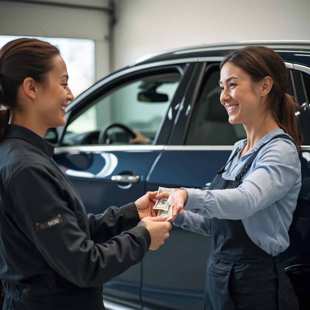 Car Detailing Tip Amount - A happy customer handing a tip to a car detailer after a successful detailing service.