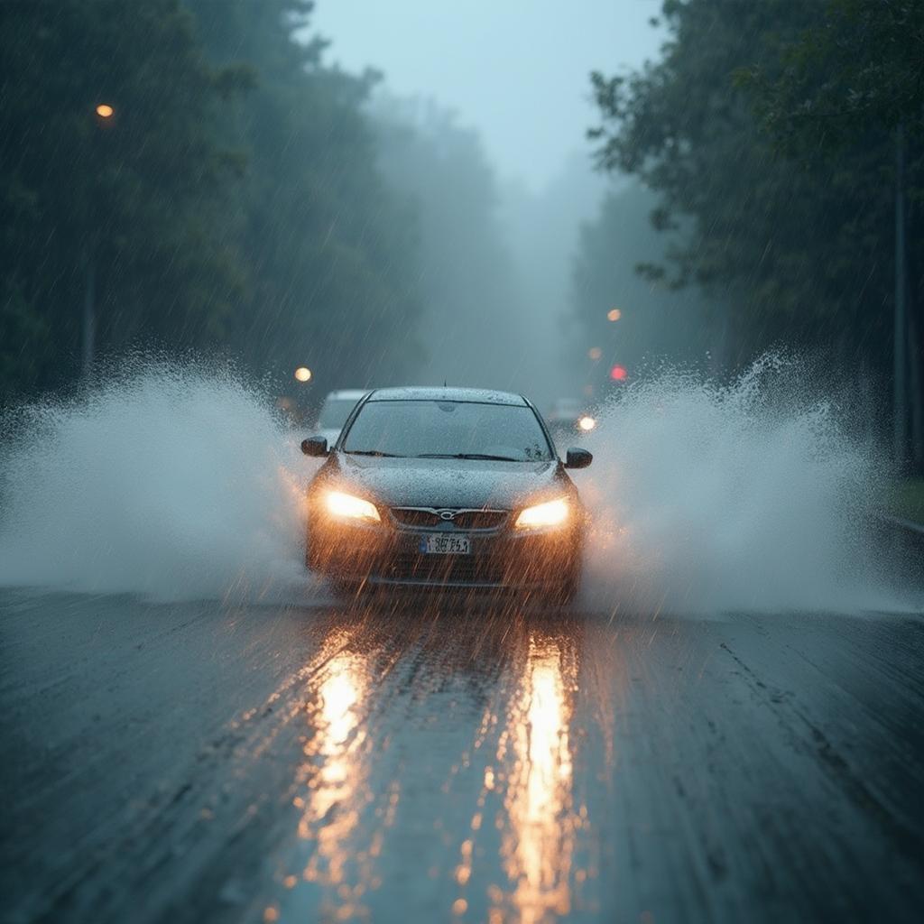 Car driving in heavy rain with low visibility