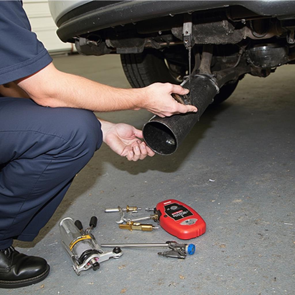 Installing a car exhaust tip, demonstrating the process.