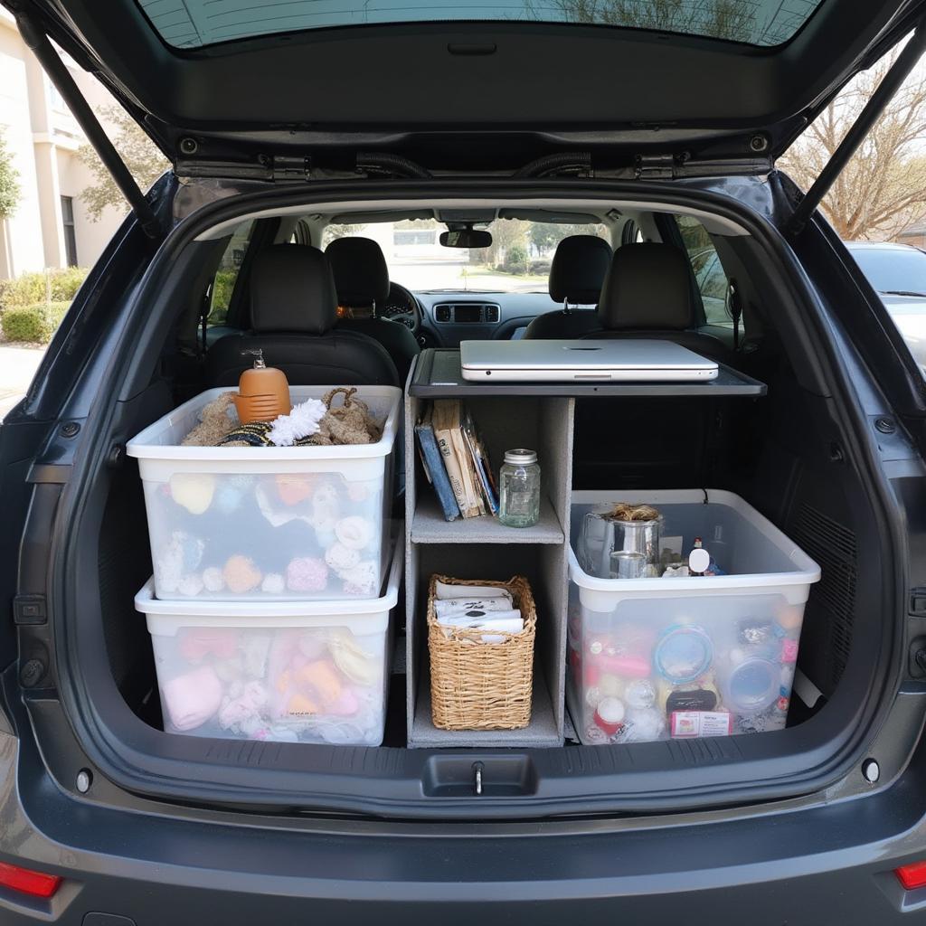 Car Living Organization Essentials: Storage bins, trunk organizer, and laptop stand.