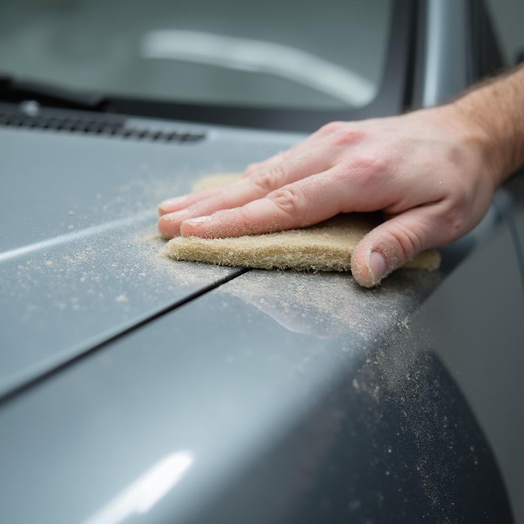 Sanding a car before spray painting