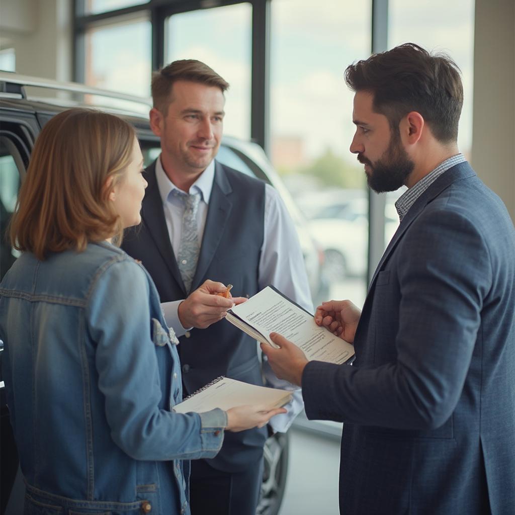 Car Salesman Presenting Car Features