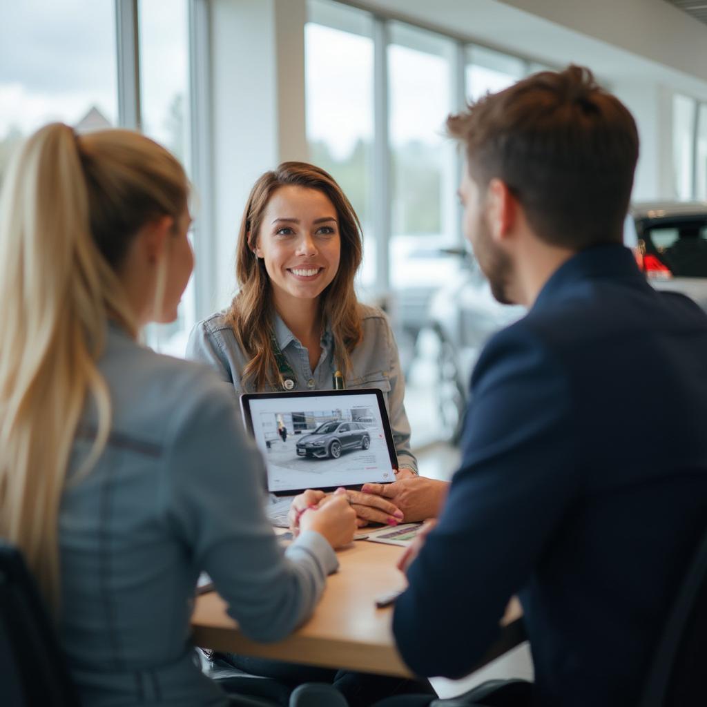 Car Saleswoman Using Tablet with Customer