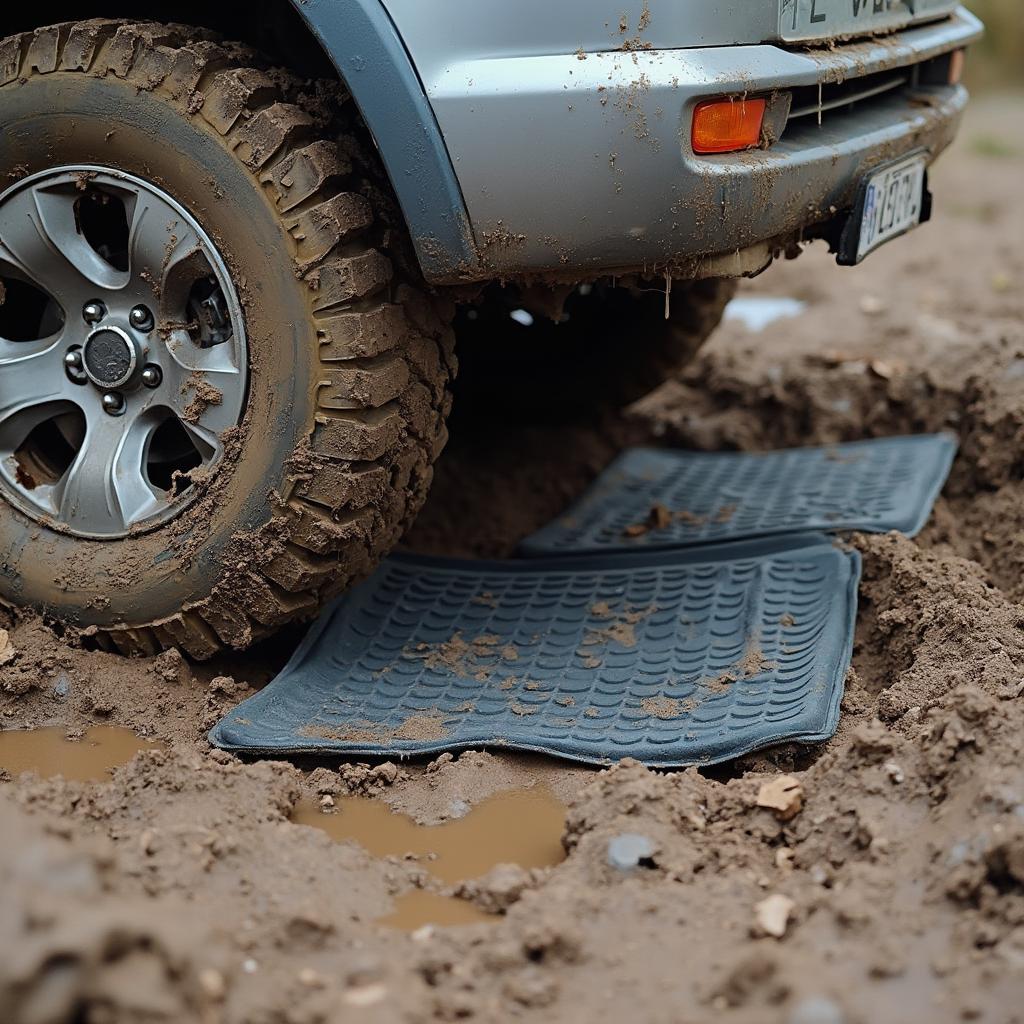 Using floor mats to gain traction in mud