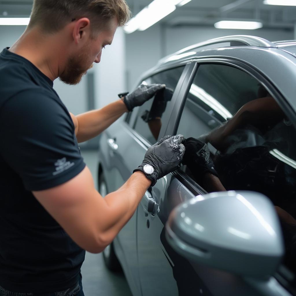 Professional installing window film on a car