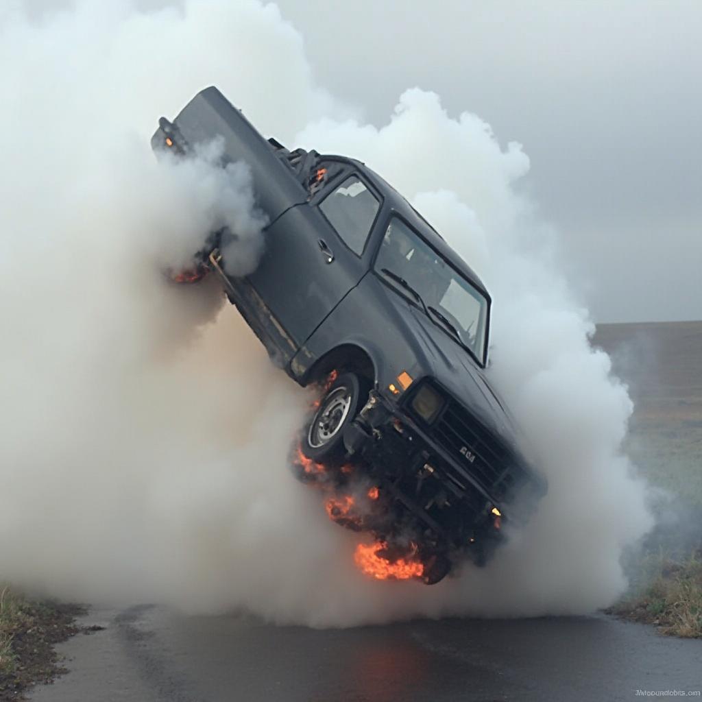 Car tipping over during a donut stunt