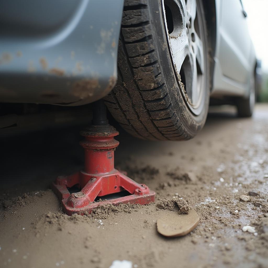 Car tipping over with a jack due to improper placement on soft ground.