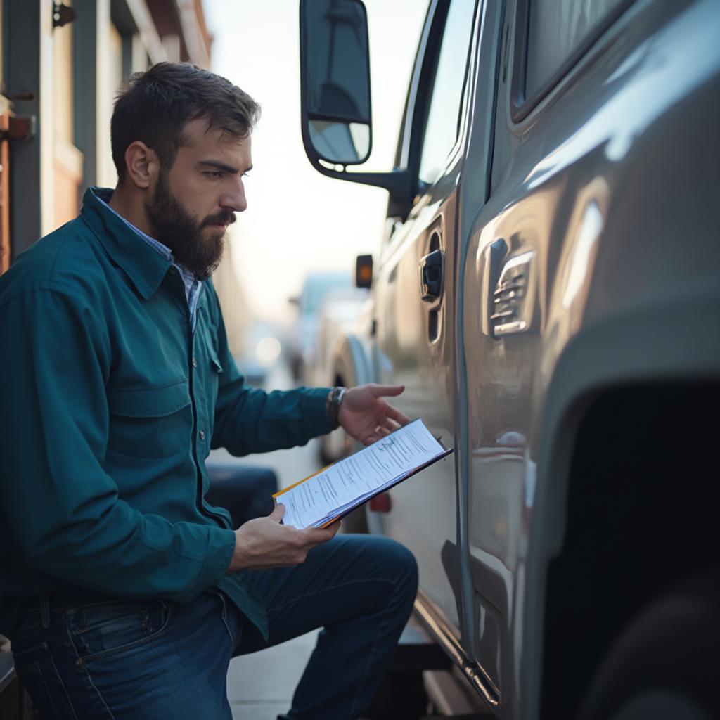 Car transport driver checking vehicle before transport