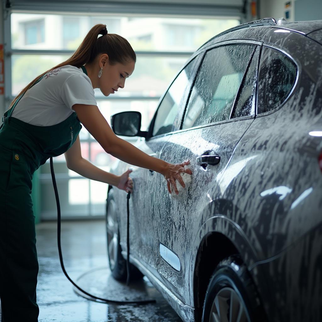 Car Wash Attendant Drying Vehicle