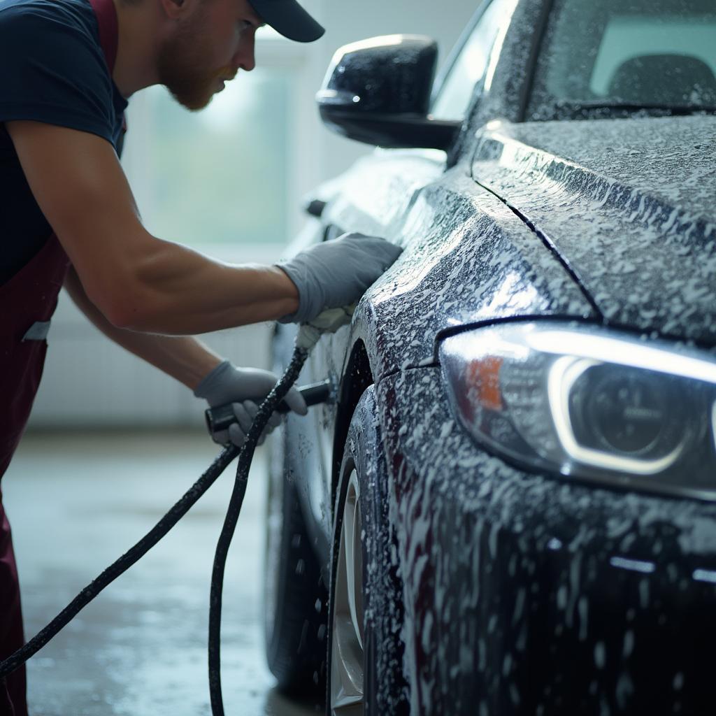 Car wash attendant polishing a car