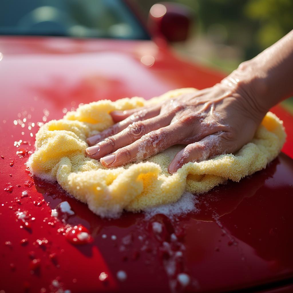 Washing a car with microfiber mitt and soap.