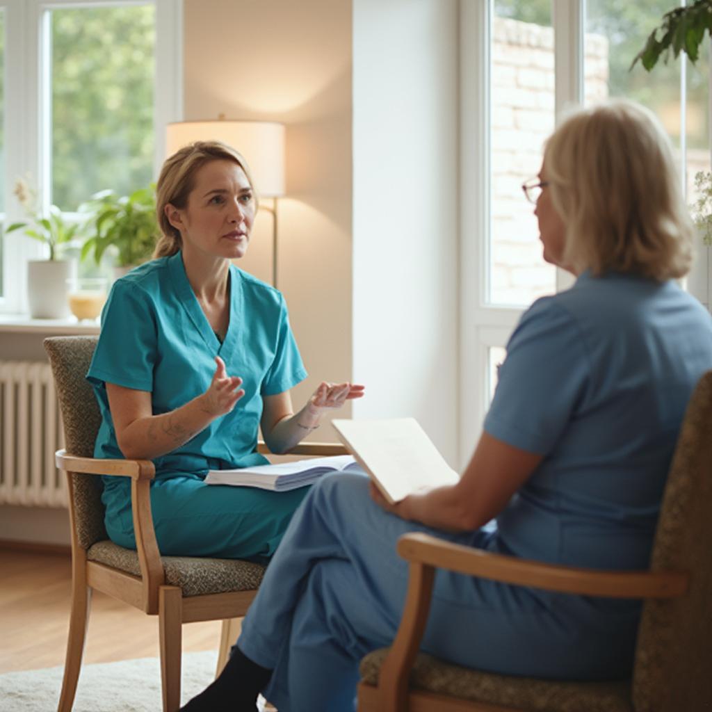 A care assistant confidently answering questions during a nursing home interview.