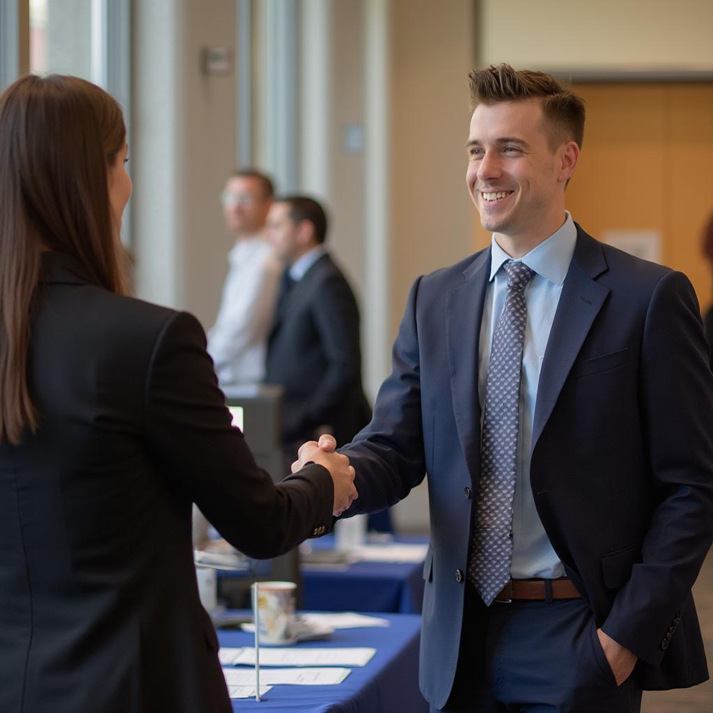 Professional Attire and Confident Body Language at a Career Fair