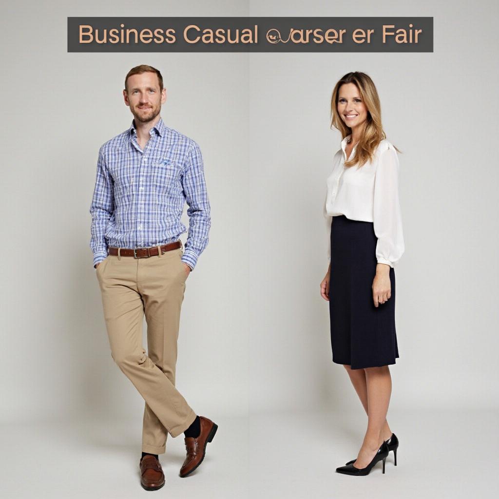 Career Fair Business Casual Examples:  A man in khakis and a button-down shirt and a woman in a skirt and blouse.