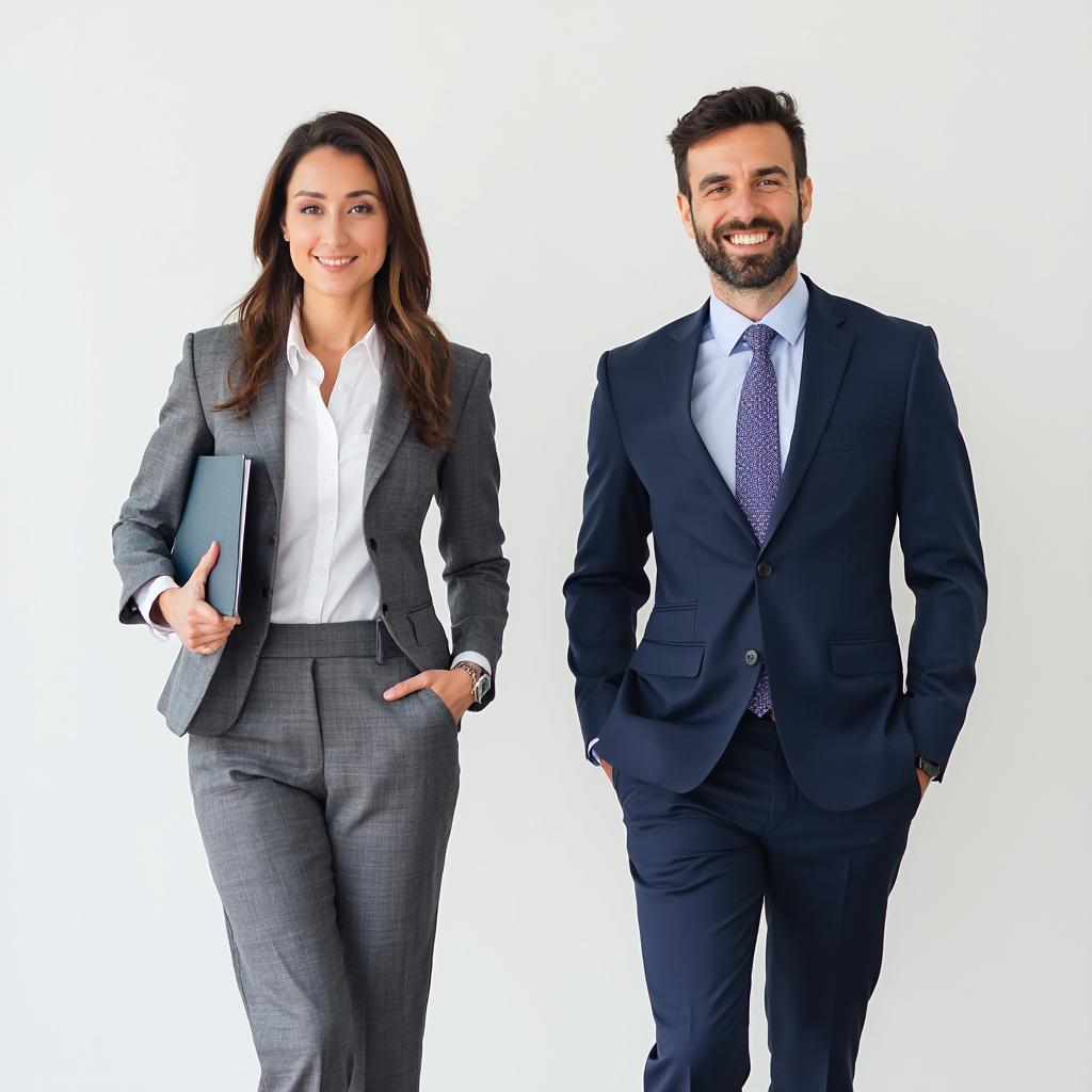 Career Fair Business Professional Attire: A man in a navy suit and a woman in a gray pantsuit.