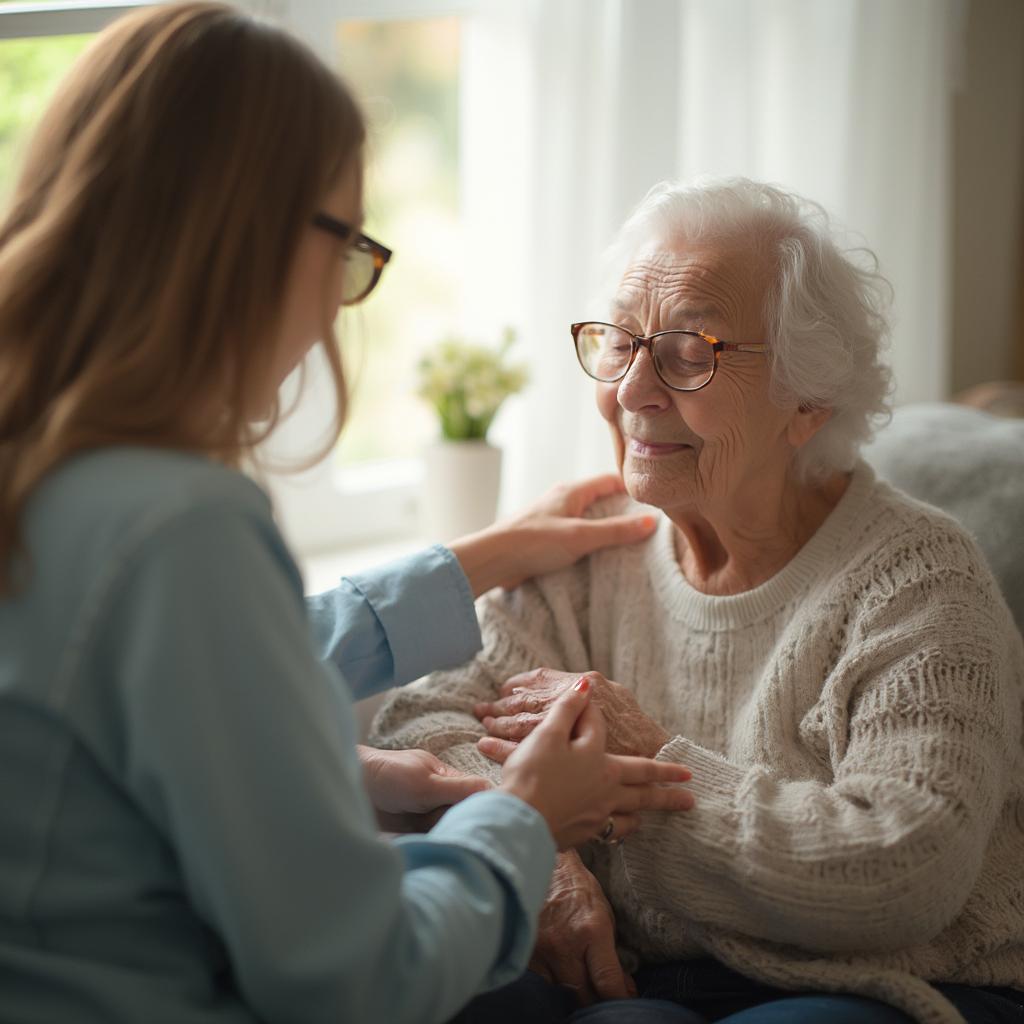 Caregiver offering support to an elderly person