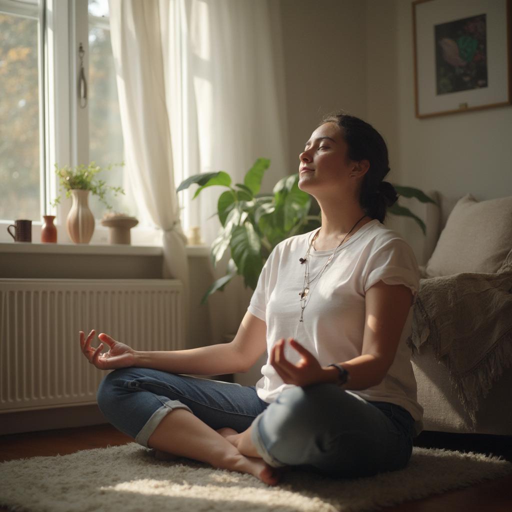 Carer practicing mindfulness meditation at home in a quiet space.