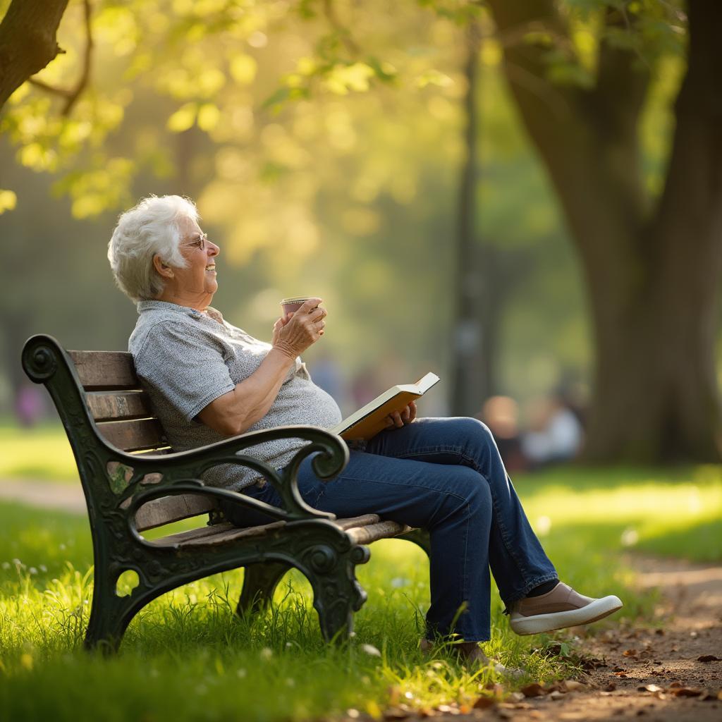 Carer taking a break outdoors, sitting on a park bench, enjoying a cup of tea and a book.