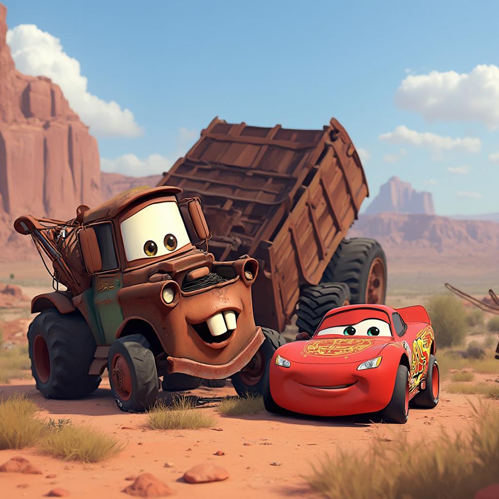 Cars Tow Mater and Lightning McQueen playfully tipping a tractor