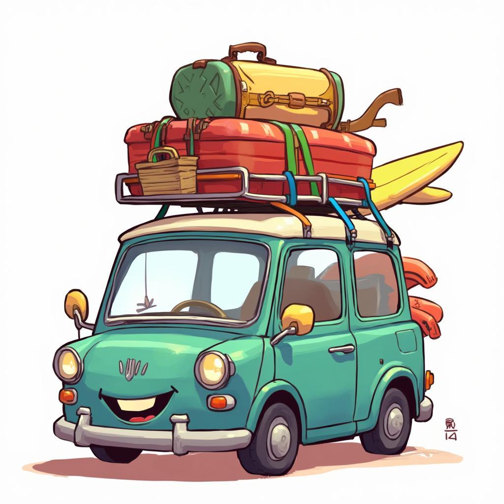 Cartoon Car with Roof Rack Packed for a Road Trip