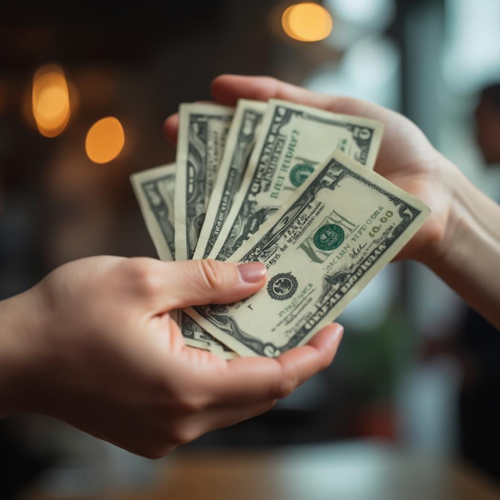 Hand holding cash for a tip