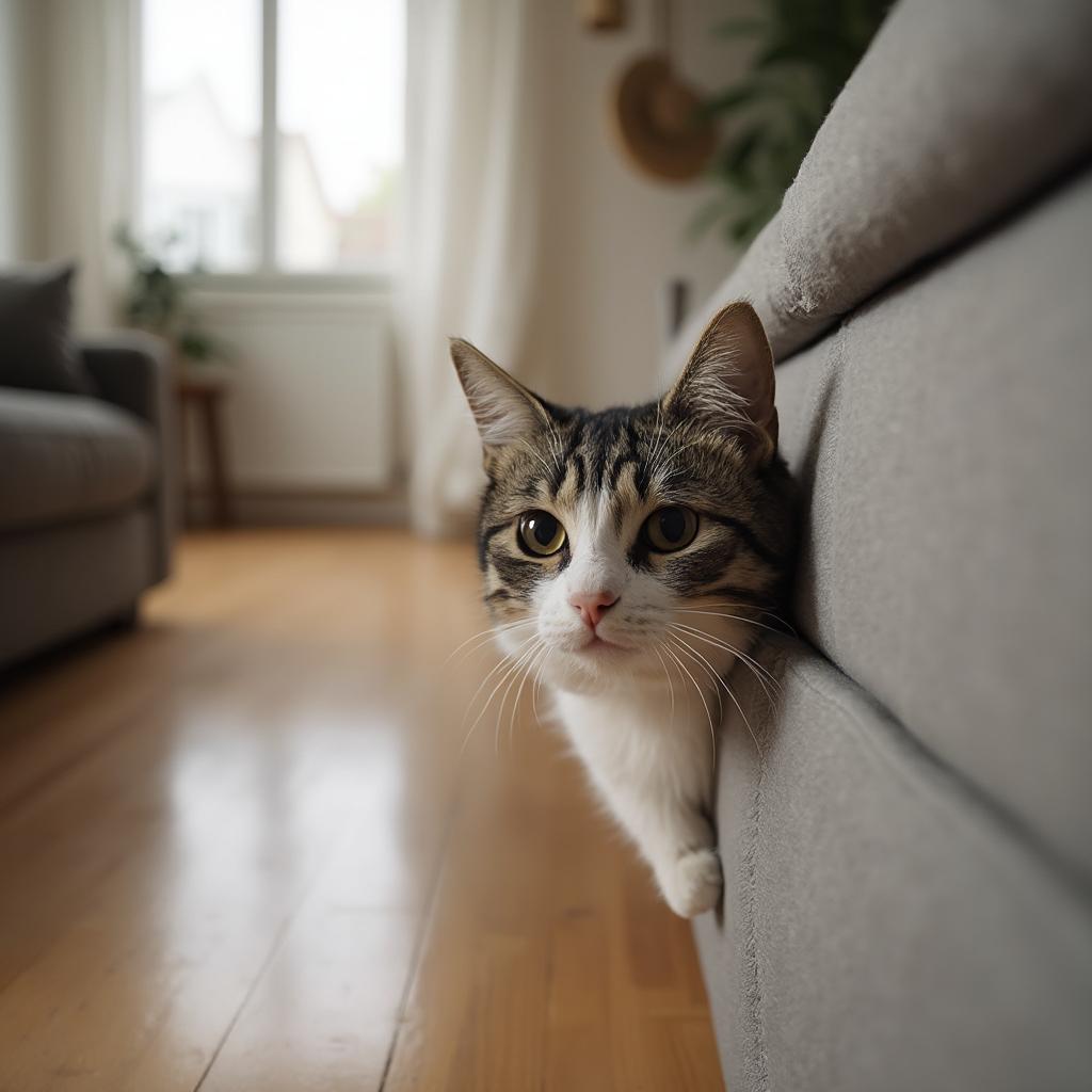 Cat cautiously exploring new home after a long car trip