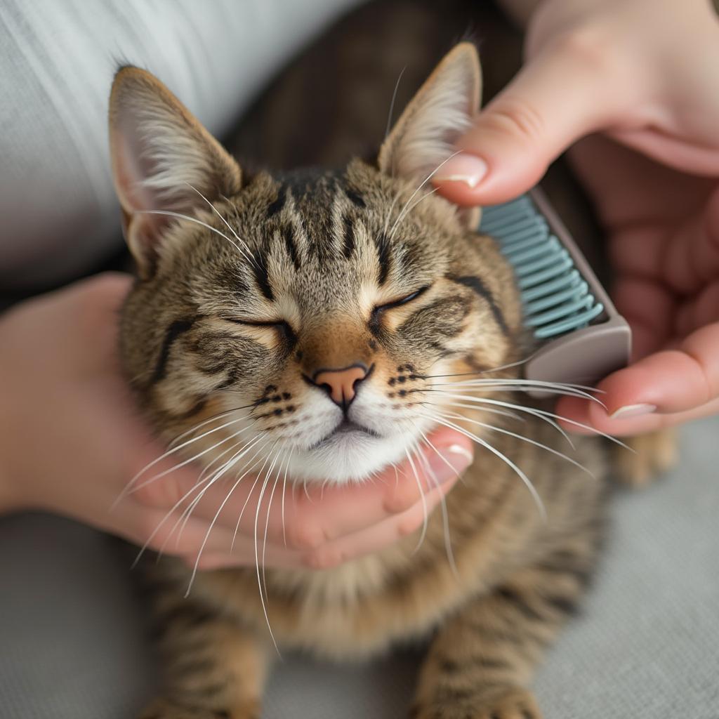 Cat being groomed by its owner