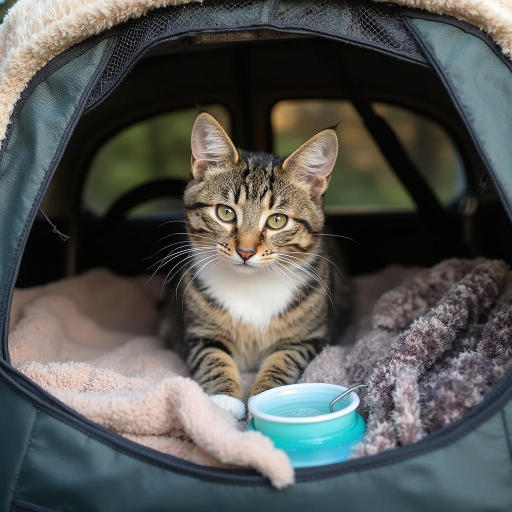 Cat comfortably nestled in a carrier, ready for a road trip