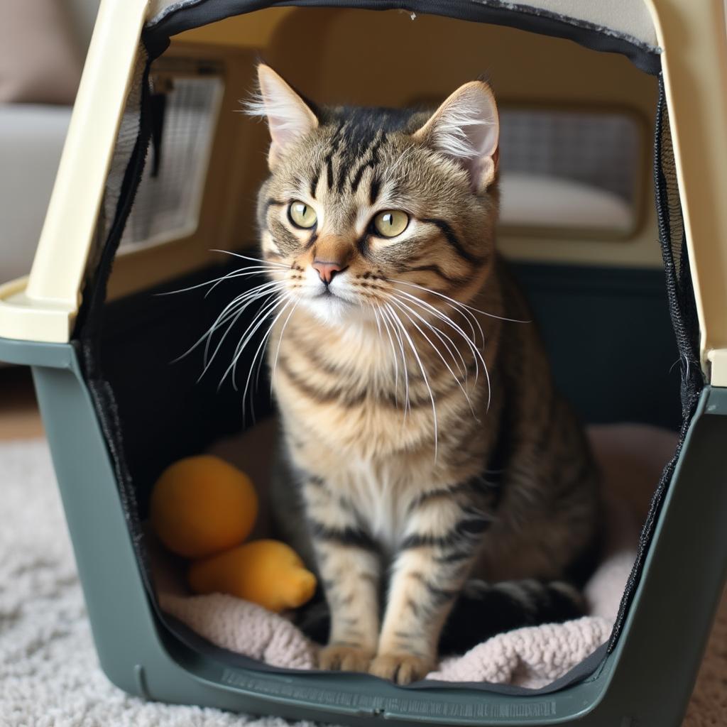 Cat comfortably inside a carrier with toys, preparing for a car trip