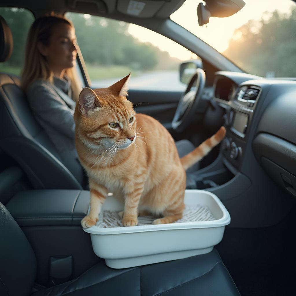 Cat Using a Disposable Litter Tray During a Car Trip Stop