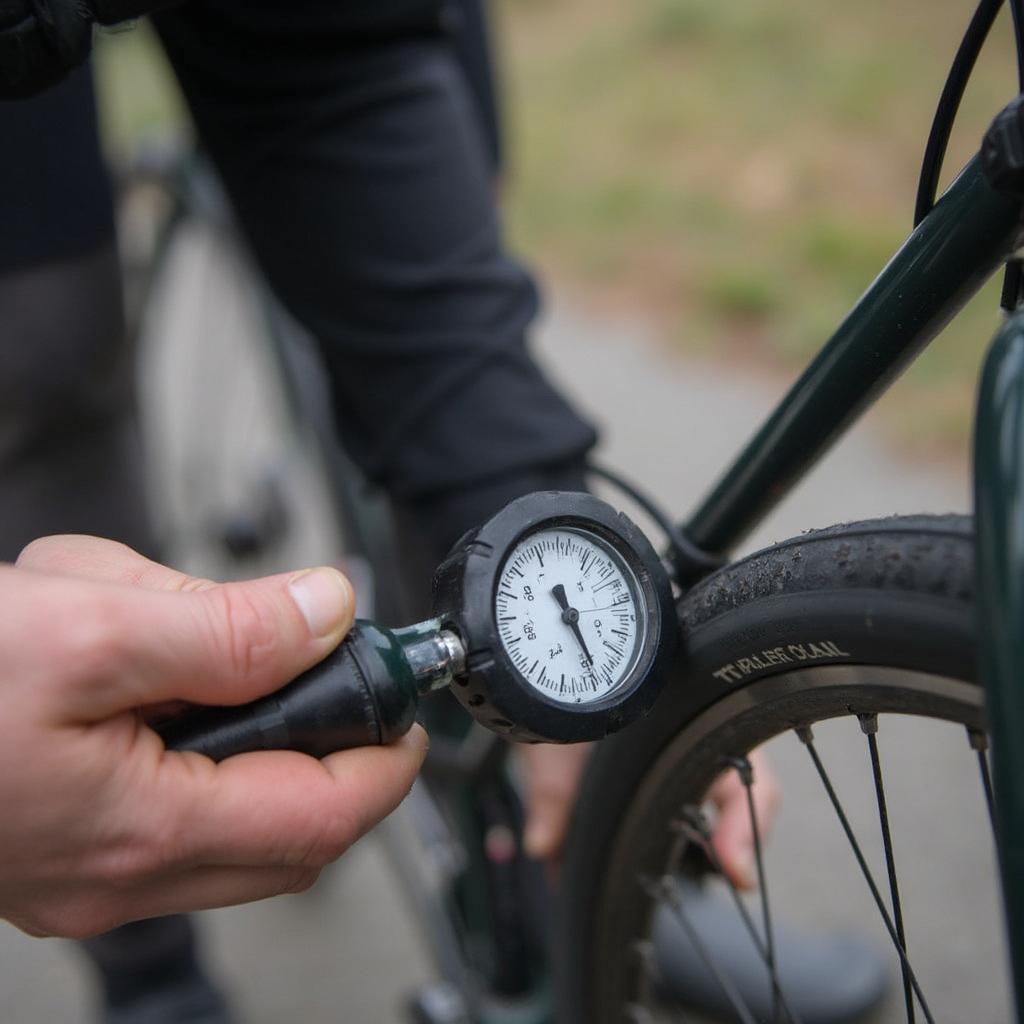 Using a pressure gauge to check bike tire pressure